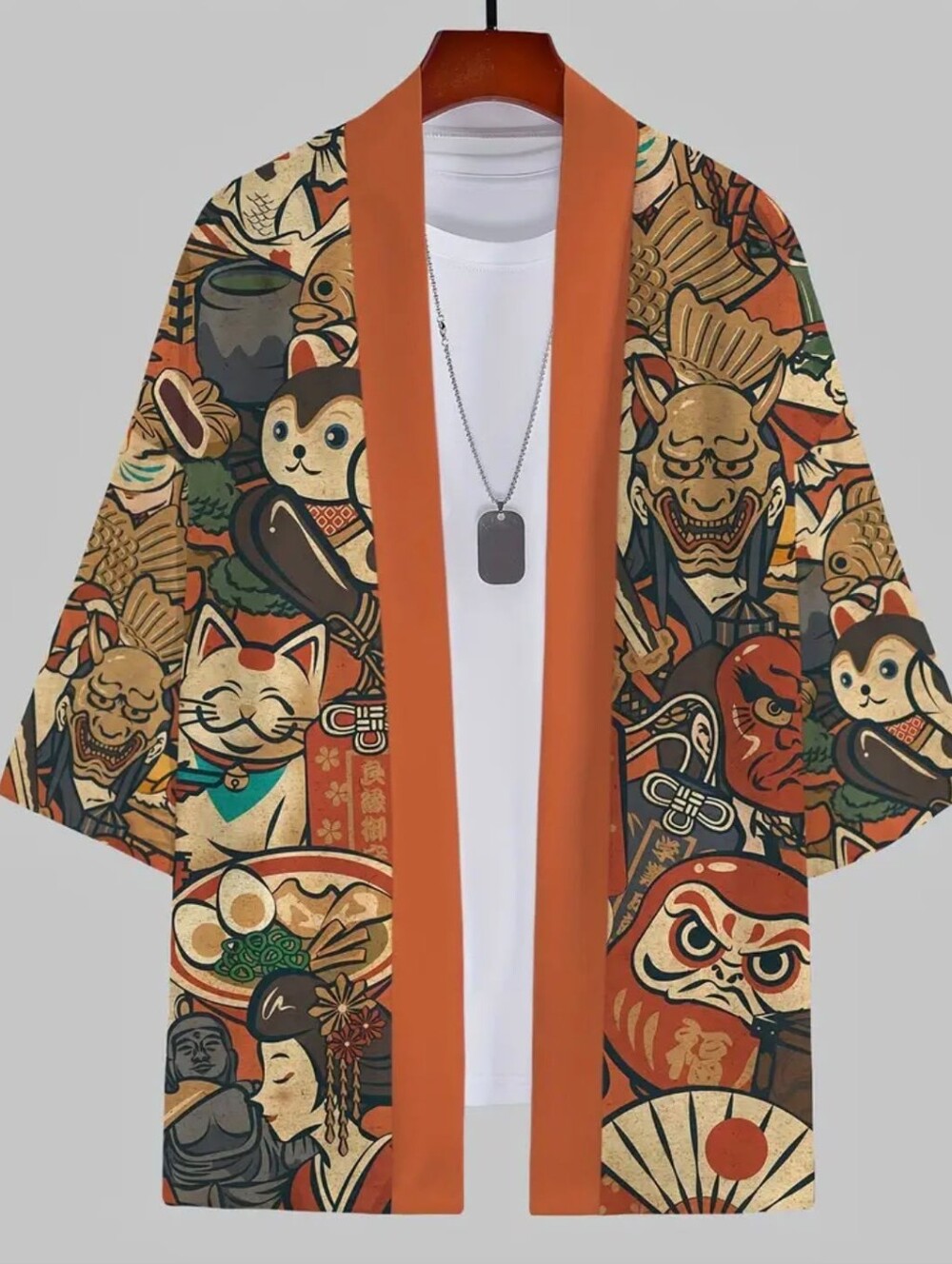 Men's Orange Multicolor Printed Kimono Jacket